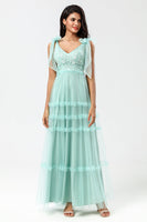 Load image into Gallery viewer, A-Line V Neck Dusty Pink Long Bridesmaid Dress with Beading