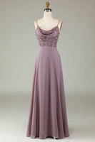 Load image into Gallery viewer, A Line Spaghetti Straps Dusty Pink Long Bridesmaid Dress with Beaded