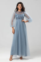Load image into Gallery viewer, A Line Jewel Neck Grey Blue Long Bridesmaid Dress with Long Sleeves