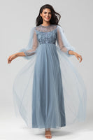 Load image into Gallery viewer, A Line Jewel Neck Grey Blue Long Bridesmaid Dress with Long Sleeves