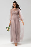 Load image into Gallery viewer, A Line Jewel Neck Grey Blue Long Bridesmaid Dress with Long Sleeves