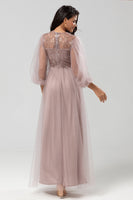 Load image into Gallery viewer, A Line Jewel Neck Grey Blue Long Bridesmaid Dress with Long Sleeves