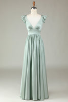Load image into Gallery viewer, Deep V-Neck A Line Green Long Bridesmaid Dress with Ruffles