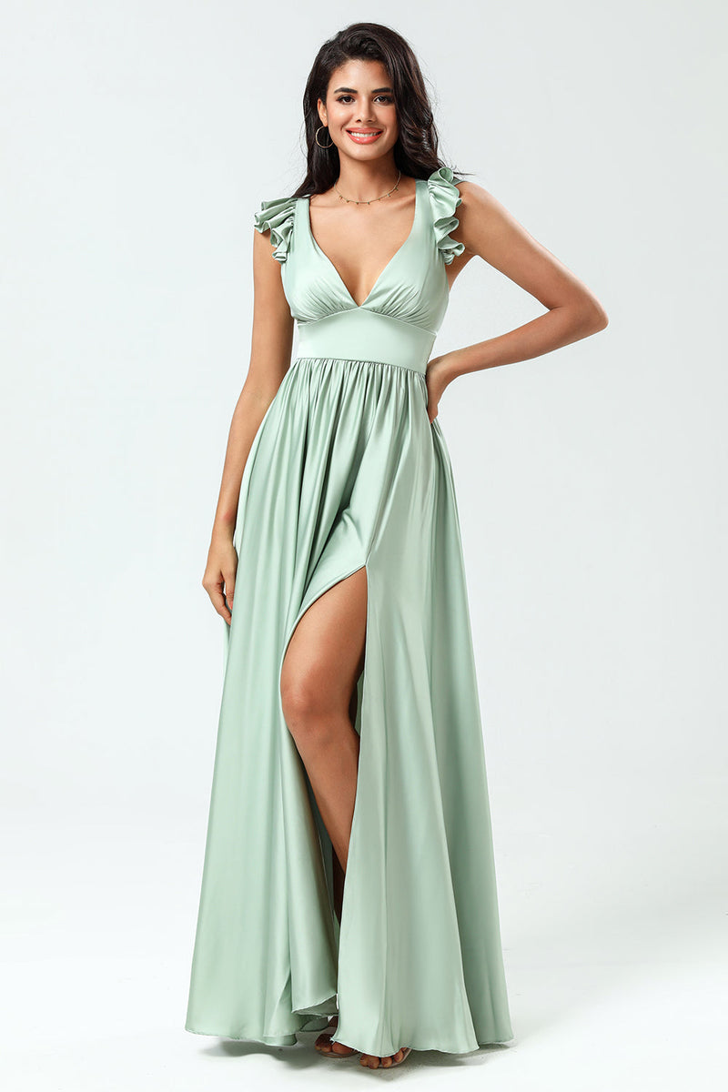 Load image into Gallery viewer, Deep V-Neck A Line Green Long Bridesmaid Dress with Ruffles