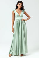 Load image into Gallery viewer, Deep V-Neck A Line Green Long Bridesmaid Dress with Ruffles