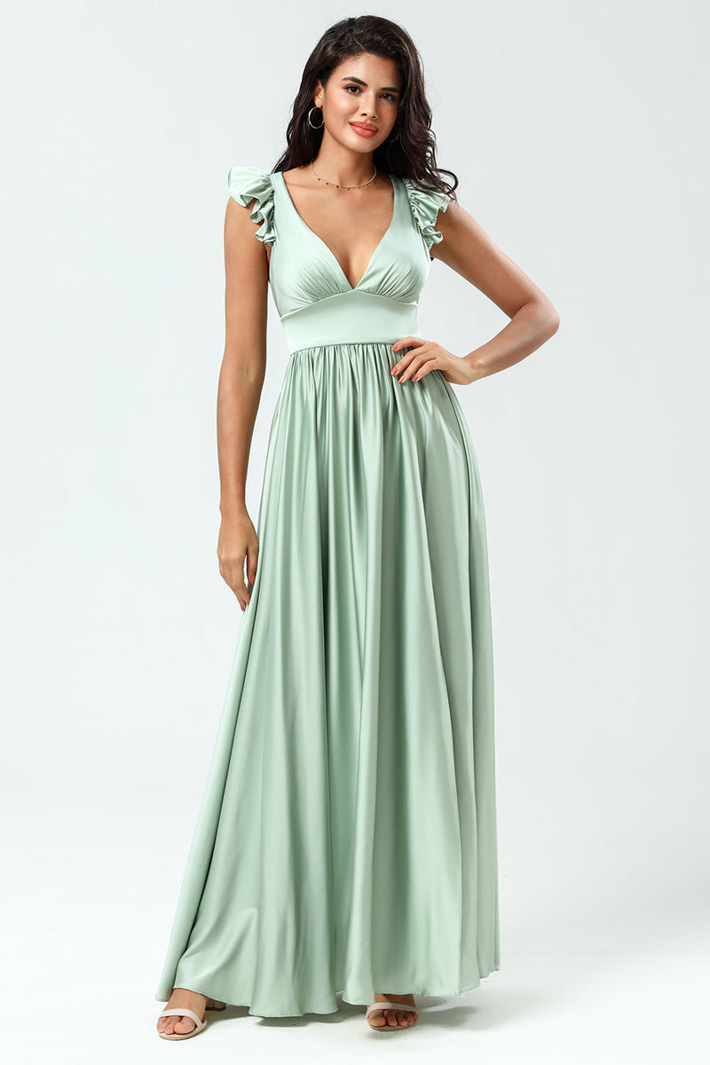 Load image into Gallery viewer, Deep V-Neck A Line Green Long Bridesmaid Dress with Ruffles
