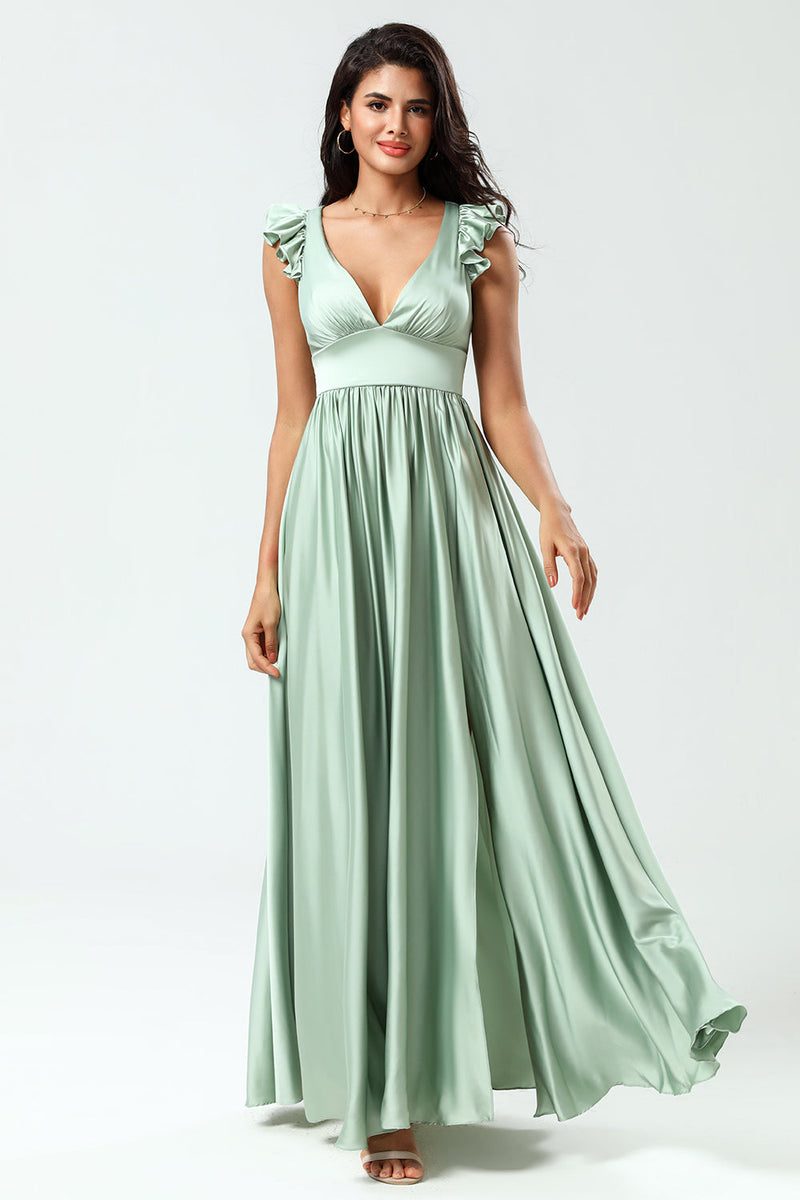 Load image into Gallery viewer, Deep V-Neck A Line Green Long Bridesmaid Dress with Ruffles