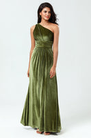 Load image into Gallery viewer, A Line One Shoulder Olive Velvet Long Bridesmaid Dress