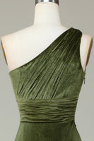 Load image into Gallery viewer, Velvet One Shoulder Olive Bridesmaid Dress