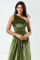 Load image into Gallery viewer, A Line One Shoulder Olive Velvet Long Bridesmaid Dress