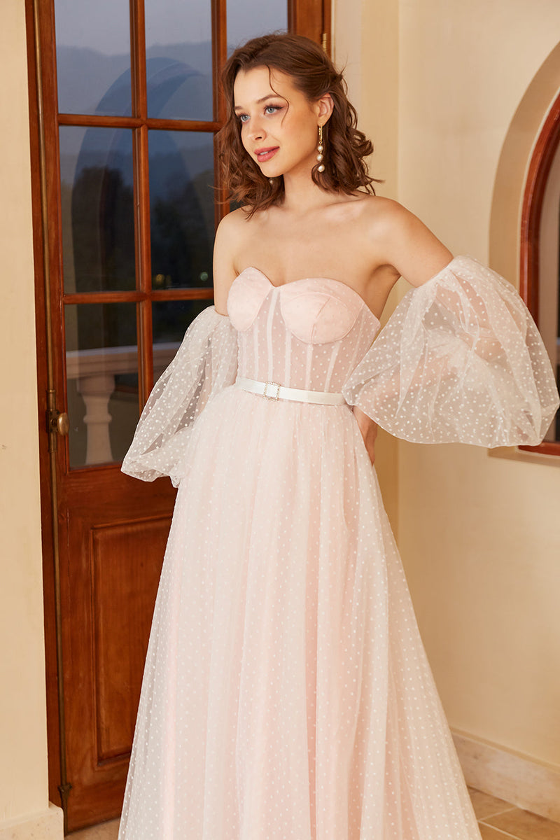 Puff Sleeves Polka Dot Wedding Dress With Sleeves HeLLYMOON Women