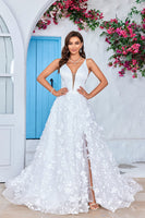 Load image into Gallery viewer, Gorgeous A Line V-Neck Ivory Long Wedding Dress with 3D Flowers