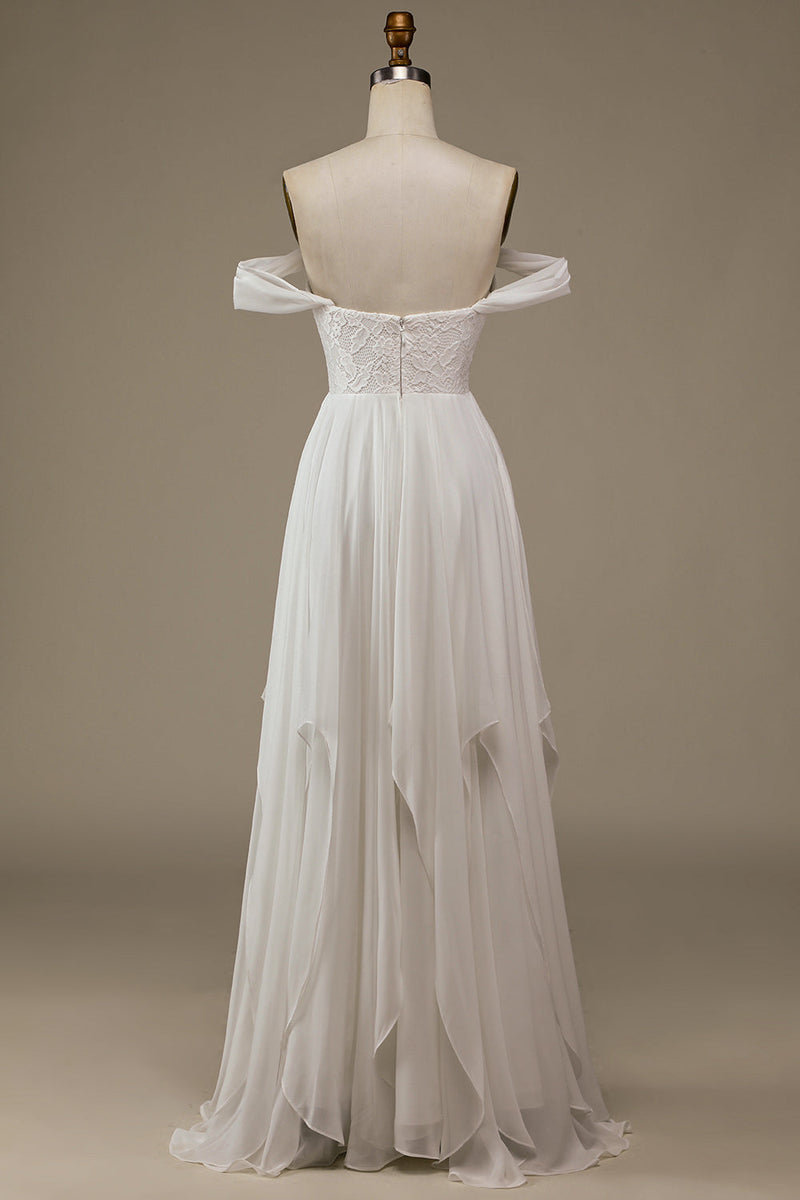 Load image into Gallery viewer, Ivory Boho Chiffon Asymmetrical Wedding Dress with Lace