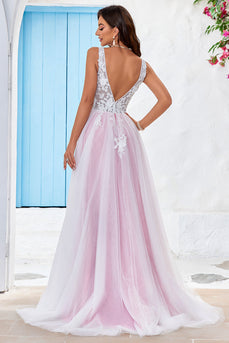 Charming A Line V-Neck Pink Tulle Sweep Train Wedding Dress with Appliques