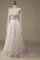 Load image into Gallery viewer, Ivory V-Neck Lace A-Line Wedding Dress with Bowknot