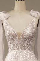 Load image into Gallery viewer, Ivory V-Neck Lace A-Line Wedding Dress with Bowknot