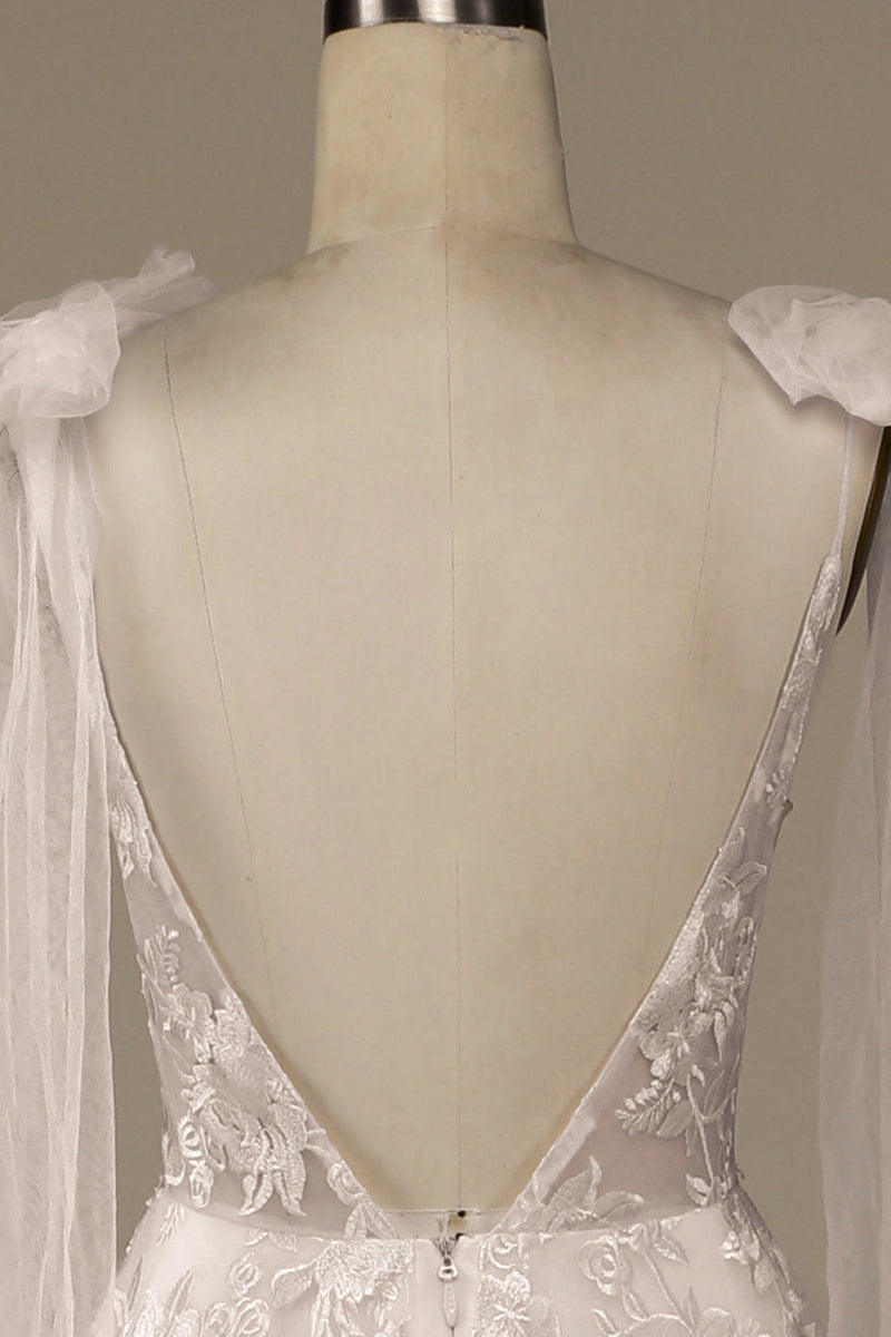 Load image into Gallery viewer, Ivory V-Neck Lace A-Line Wedding Dress with Bowknot