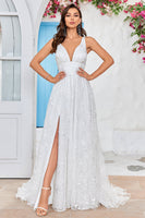 Load image into Gallery viewer, Beauty A Line V-Neck Ivory Lace Long Wedding Dress with Slit