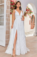 Load image into Gallery viewer, Beauty A Line V-Neck Ivory Lace Long Wedding Dress with Slit