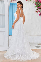 Load image into Gallery viewer, Beauty A Line V-Neck Ivory Lace Long Wedding Dress with Slit