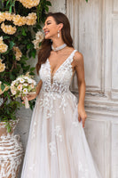 Load image into Gallery viewer, Gorgeous A Line Deep V Neck Champagne Tulle Wedding Dress with Lace