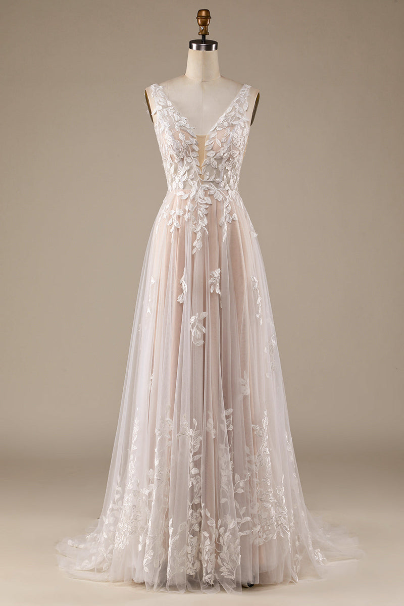 Champagne V Neck Backless Tulle Wedding Dress with Lace