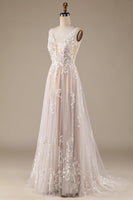 Load image into Gallery viewer, Champagne V-Neck Backless Tulle Wedding Dress with Lace