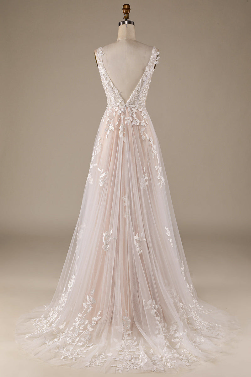 Load image into Gallery viewer, Champagne V-Neck Backless Tulle Wedding Dress with Lace