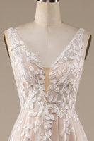 Load image into Gallery viewer, Champagne V-Neck Backless Tulle Wedding Dress with Lace