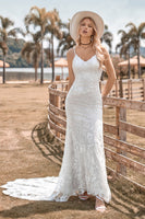 Load image into Gallery viewer, Charming Mermaid Spaghetti Straps Lace Ivory Wedding Dress with Sweep Train