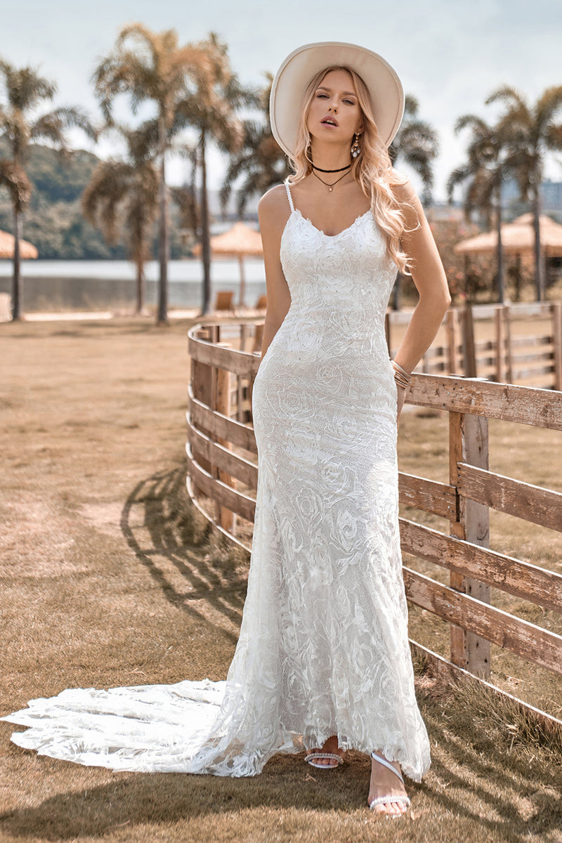 Load image into Gallery viewer, Charming Mermaid Spaghetti Straps Lace Ivory Wedding Dress with Sweep Train