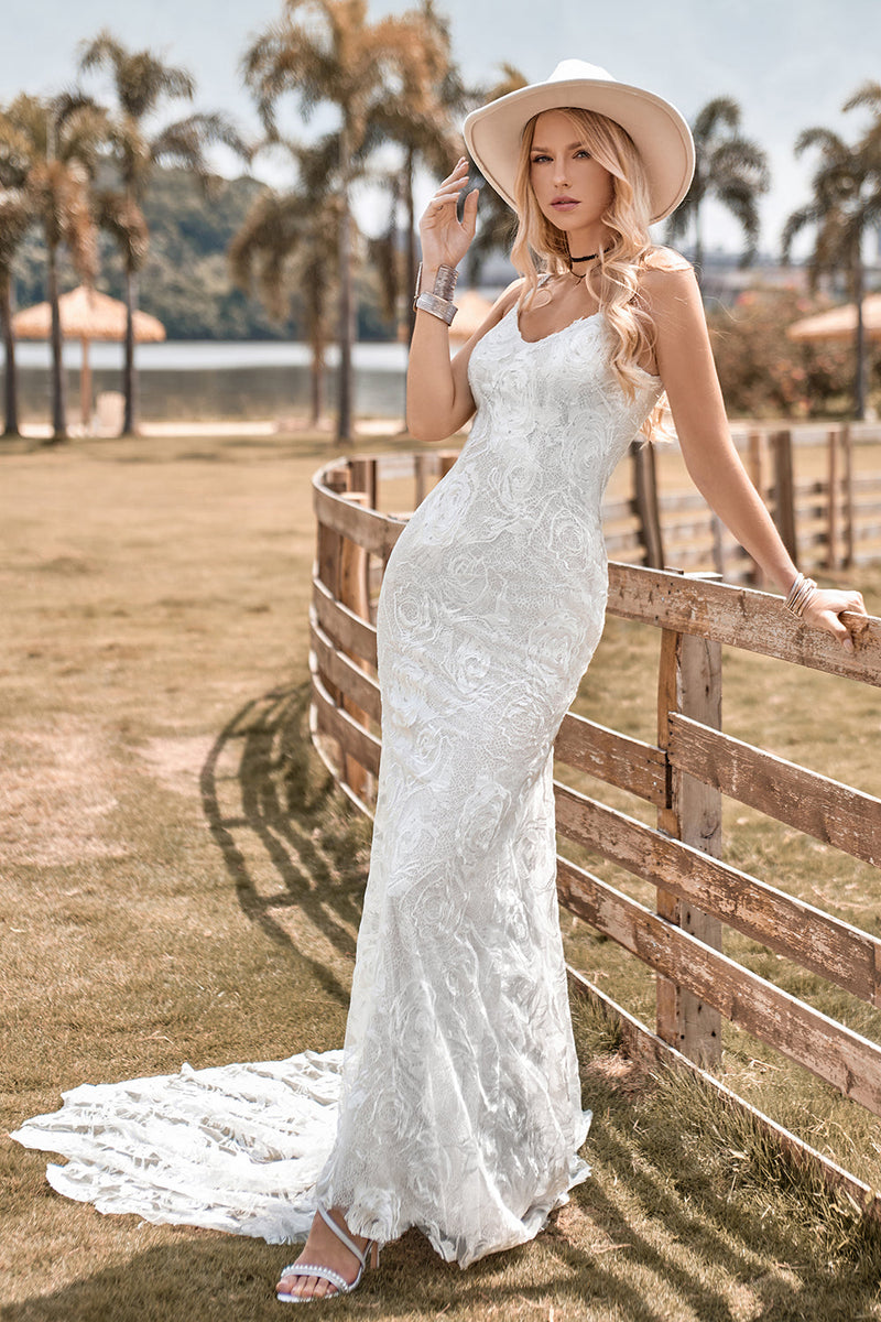 Load image into Gallery viewer, Charming Mermaid Spaghetti Straps Lace Ivory Wedding Dress with Sweep Train