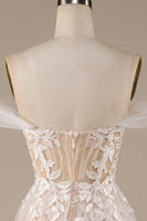 Load image into Gallery viewer, Champagne Tulle Detachable Off the Shoulder Wedding Dress with Lace