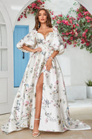 Load image into Gallery viewer, Ivory Floral Satin Chapel Train Wedding Dress