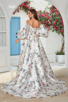 Ivory Floral Satin Chapel Train Wedding Dress