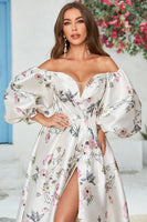 Load image into Gallery viewer, Ivory Floral Satin Chapel Train Wedding Dress