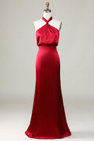 Load image into Gallery viewer, Mermaid Halter Sleeveless Burgundy Satin Bridesmaid Dress