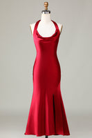 Load image into Gallery viewer, Halter Sleeveless Burgundy Tea-Length Bridesmaid Dress with Slit