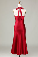Load image into Gallery viewer, Halter Sleeveless Burgundy Tea-Length Bridesmaid Dress with Slit