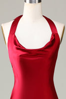 Load image into Gallery viewer, Halter Sleeveless Burgundy Tea-Length Bridesmaid Dress with Slit