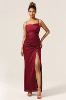 Load image into Gallery viewer, Simple Mermaid Spaghetti Straps Burgundy Long Bridesmaid Dress with Split Front