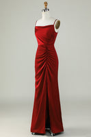 Load image into Gallery viewer, Spaghetti Straps Burgundy Long Bridesmaid Dress with Split Front