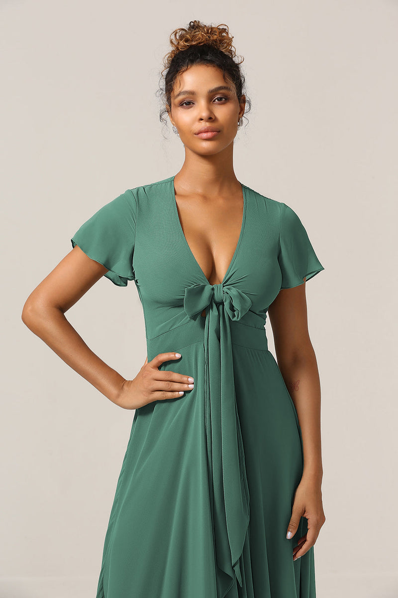 Load image into Gallery viewer, Chraming A Line V-Neck Short Sleeves Eucalyptus Bridesmaid Dress With Bow