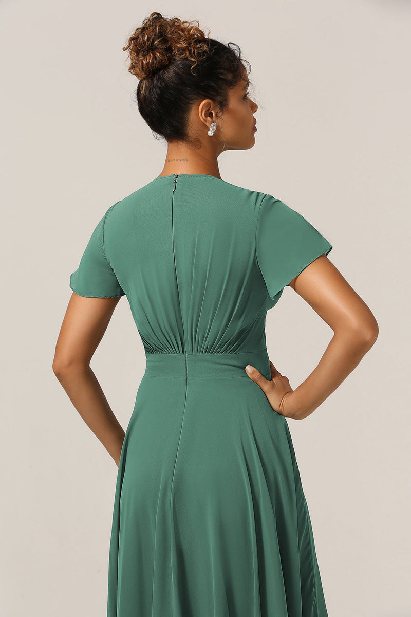 Load image into Gallery viewer, Chraming A Line V-Neck Short Sleeves Eucalyptus Bridesmaid Dress With Bow