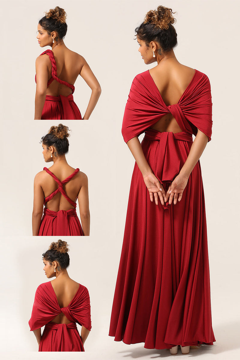Load image into Gallery viewer, Beauty A-Line Halter Neck Burgundy Long Bridesmaid Dress with Criss Cross Back