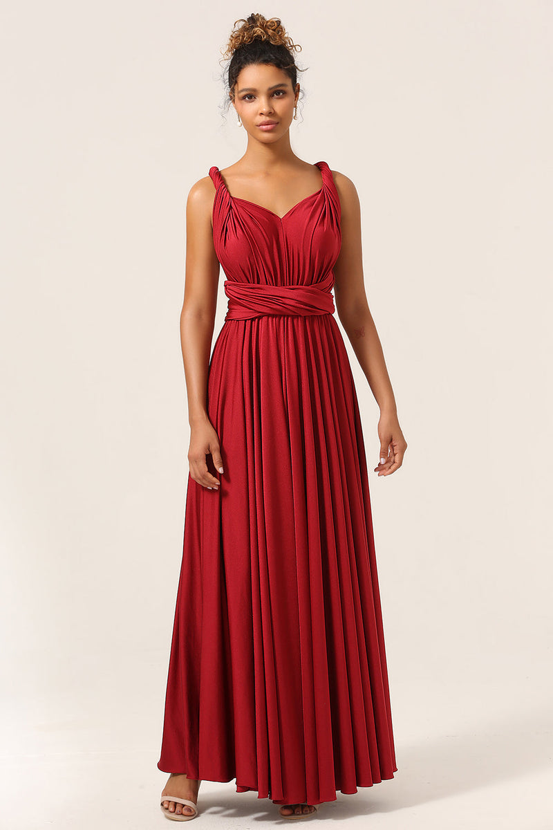 Load image into Gallery viewer, Beauty A-Line Halter Neck Burgundy Long Bridesmaid Dress with Criss Cross Back