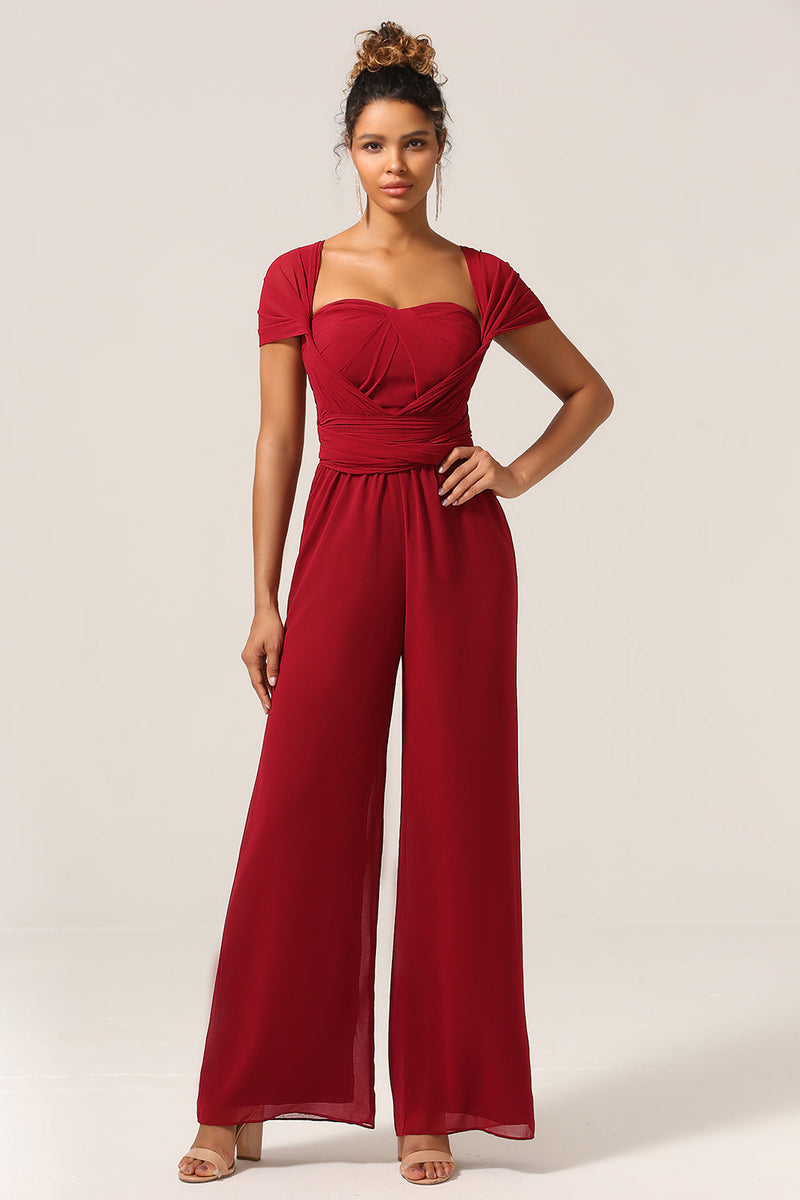 Load image into Gallery viewer, Burgundy Chiffon Convertible Bridesmaid Jumpsuits