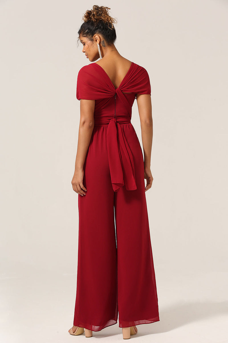 Load image into Gallery viewer, Burgundy Chiffon Convertible Bridesmaid Jumpsuits
