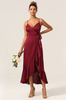 Load image into Gallery viewer, A Line Spaghetti Straps Burgundy Bridesmaid Dress with Ruffles
