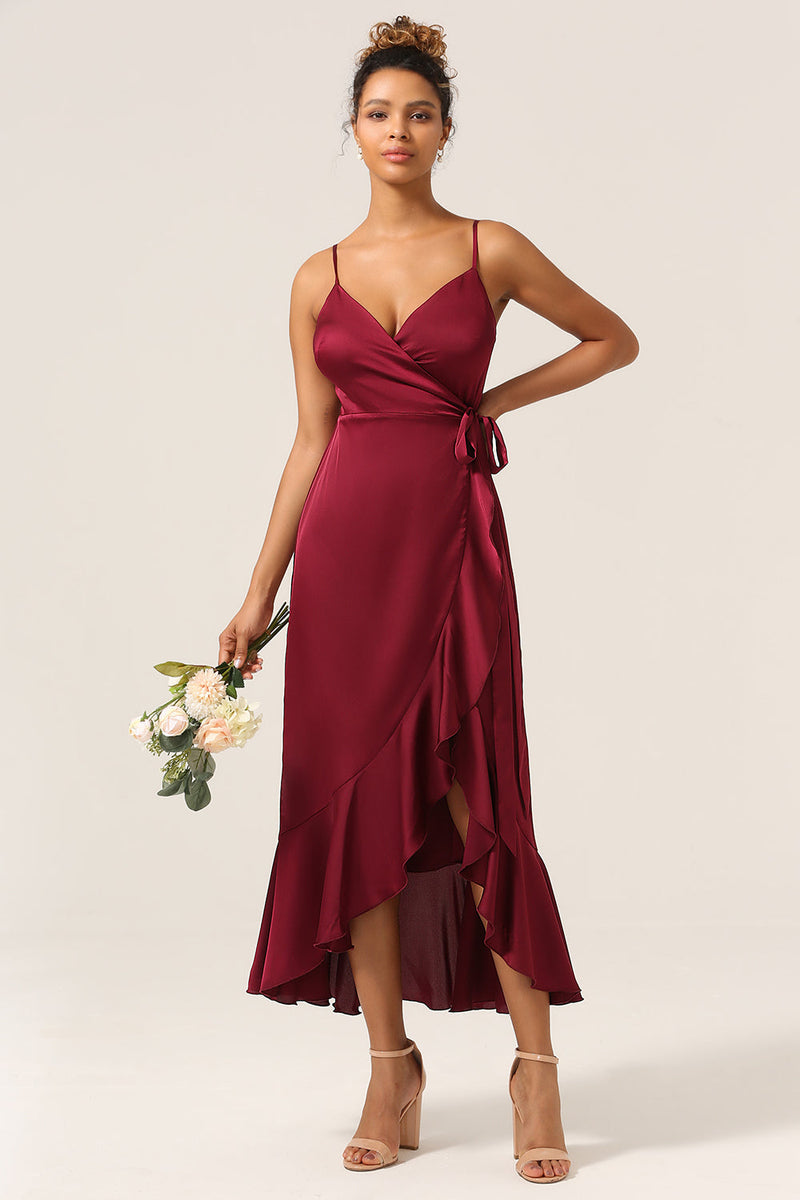 Load image into Gallery viewer, A Line Spaghetti Straps Burgundy Bridesmaid Dress with Ruffles